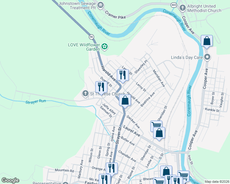 map of restaurants, bars, coffee shops, grocery stores, and more near 490R Duwell Street in Johnstown