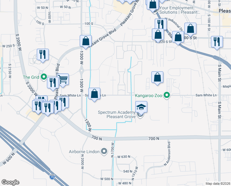 map of restaurants, bars, coffee shops, grocery stores, and more near 1024 West 700 South in Pleasant Grove