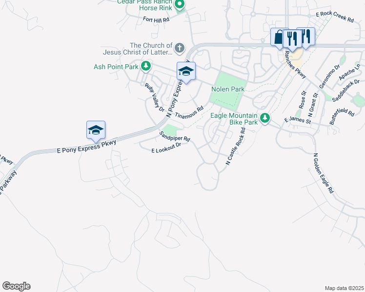 map of restaurants, bars, coffee shops, grocery stores, and more near 3032 East Lookout Drive in Eagle Mountain