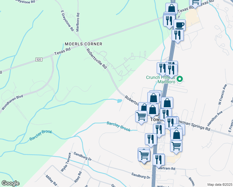 map of restaurants, bars, coffee shops, grocery stores, and more near 7 Robertsville Road in Marlboro Township