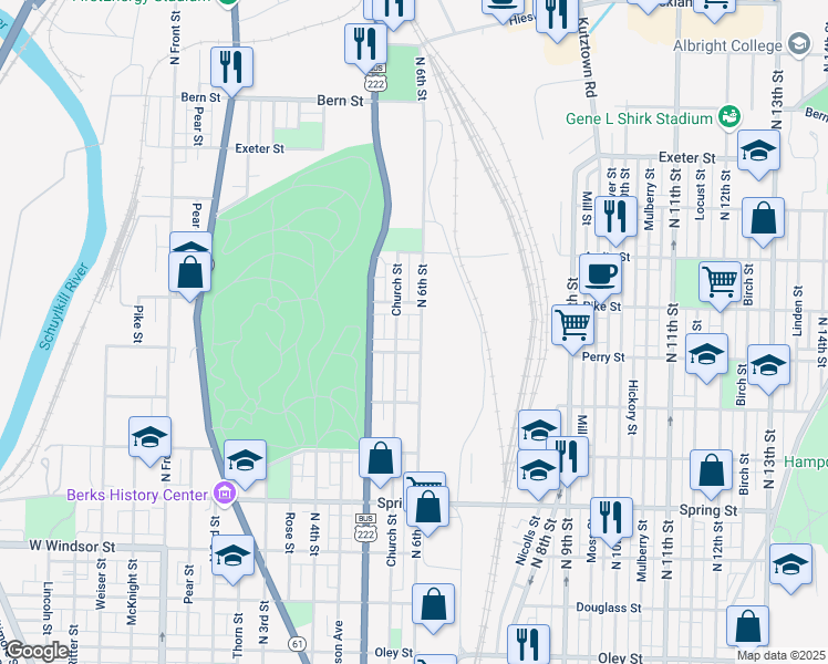 map of restaurants, bars, coffee shops, grocery stores, and more near 1342 North 6th Street in Reading
