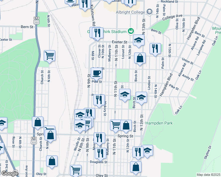 map of restaurants, bars, coffee shops, grocery stores, and more near 1046 Pike Street in Reading