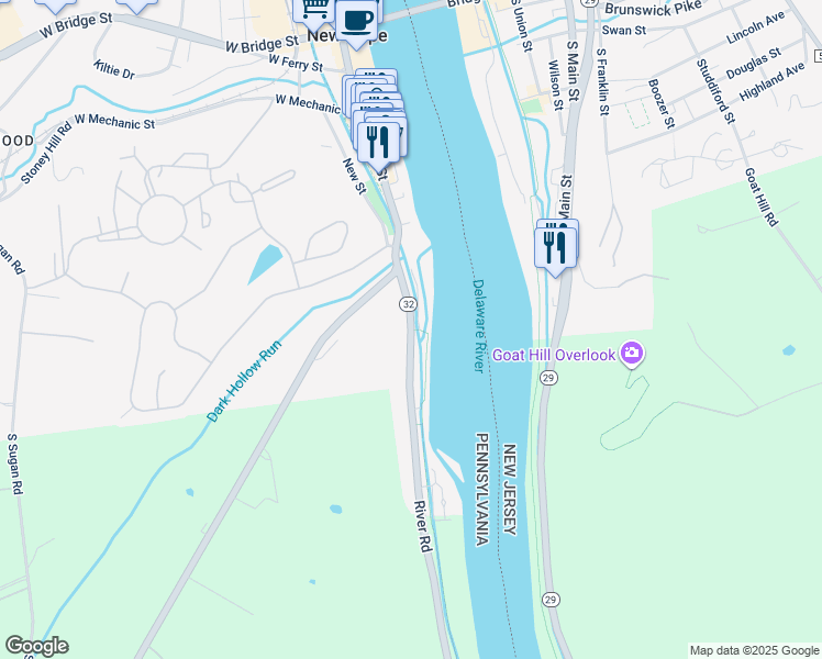 map of restaurants, bars, coffee shops, grocery stores, and more near 242 River Road in New Hope