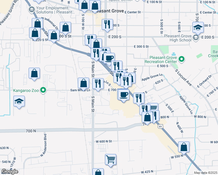 map of restaurants, bars, coffee shops, grocery stores, and more near 121 East 700 South in Pleasant Grove