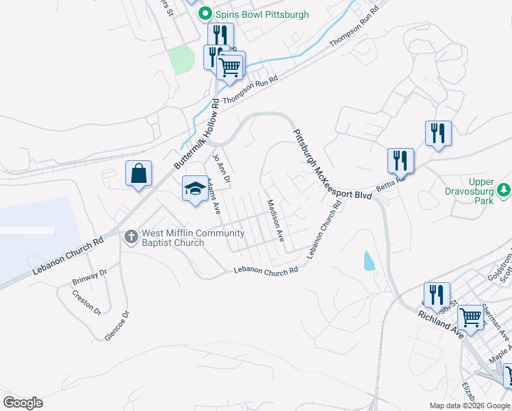 map of restaurants, bars, coffee shops, grocery stores, and more near 6700 Madison Avenue in West Mifflin
