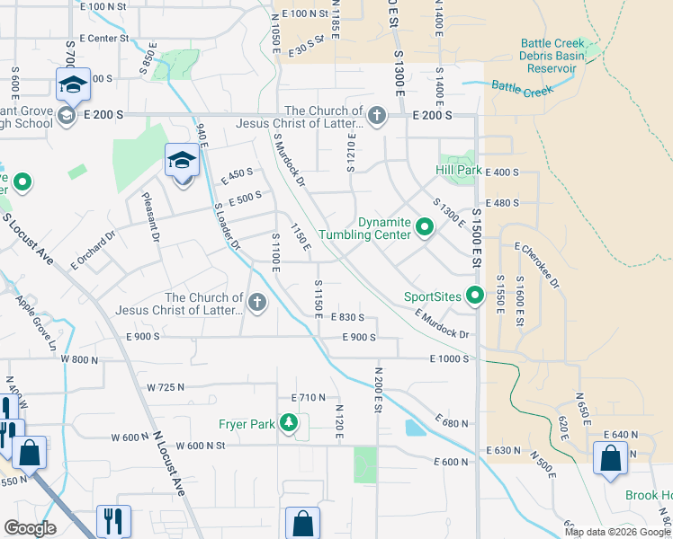 map of restaurants, bars, coffee shops, grocery stores, and more near 613 South Murdock Drive in Pleasant Grove