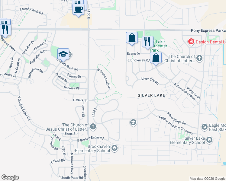 map of restaurants, bars, coffee shops, grocery stores, and more near 7570 North Evans Ranch Drive in Eagle Mountain