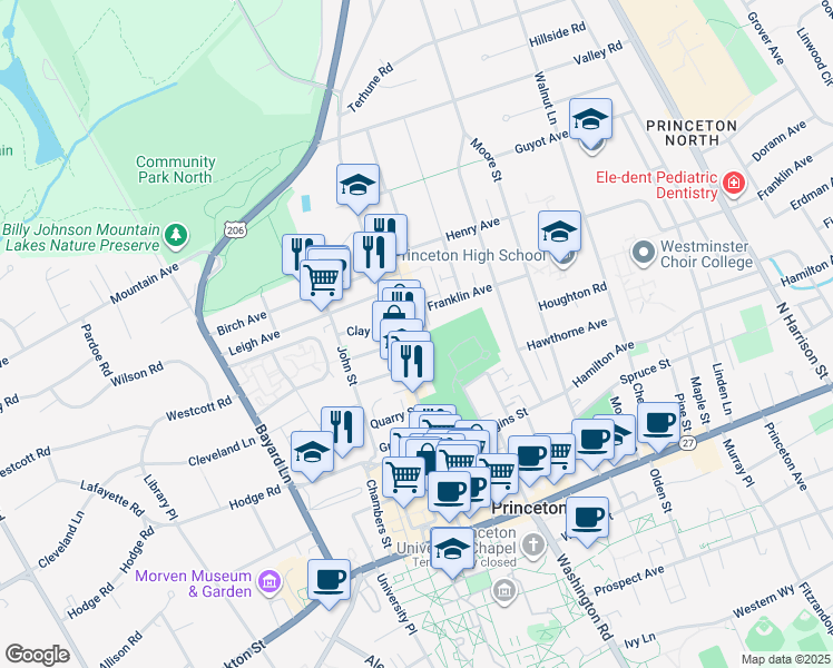 map of restaurants, bars, coffee shops, grocery stores, and more near 2 Franklin Avenue in Princeton
