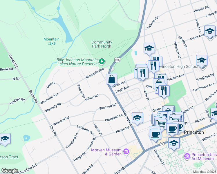 map of restaurants, bars, coffee shops, grocery stores, and more near 192 Bayard Lane in Princeton