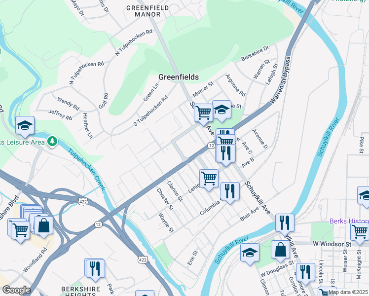 map of restaurants, bars, coffee shops, grocery stores, and more near 1409 Butler Street in Reading