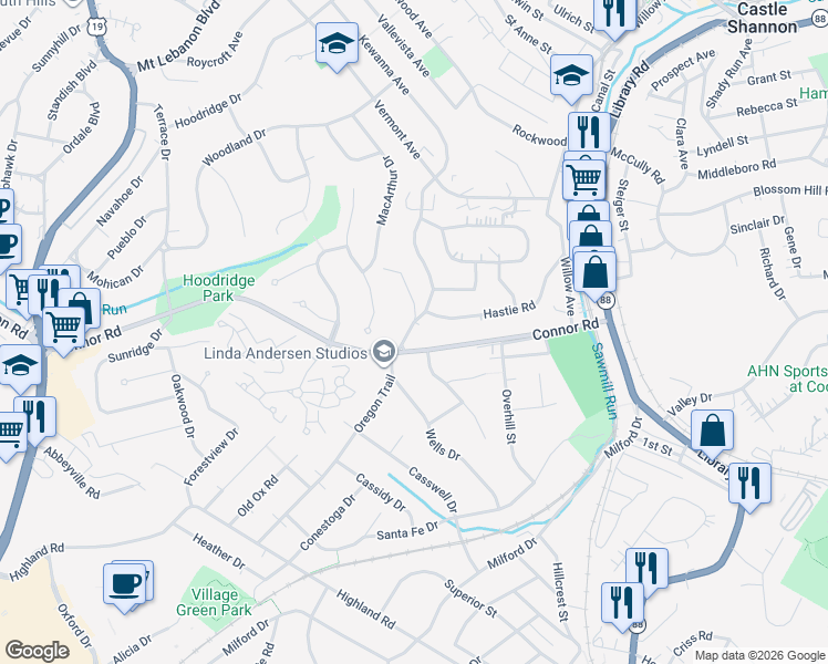map of restaurants, bars, coffee shops, grocery stores, and more near 4235 Greenridge Road in Pittsburgh