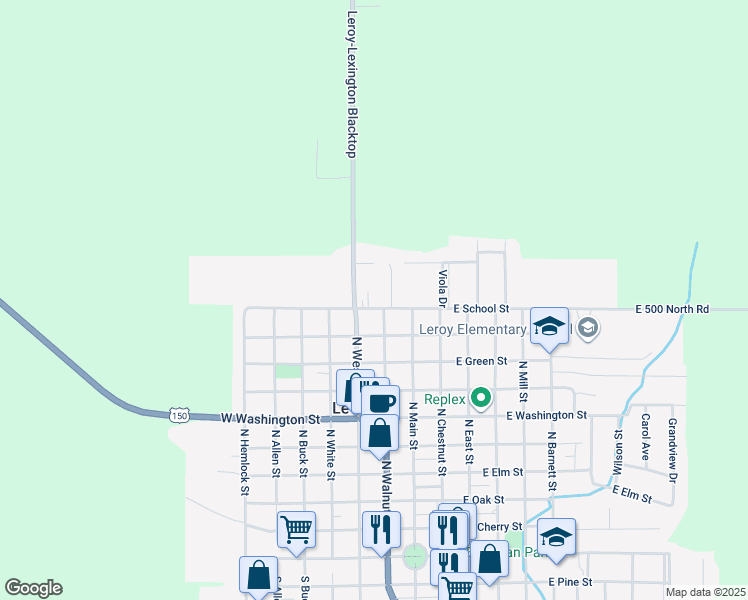 map of restaurants, bars, coffee shops, grocery stores, and more near 1007 North West Street in Le Roy