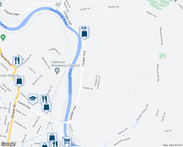 map of restaurants, bars, coffee shops, grocery stores, and more near 223 Davis St in Johnstown