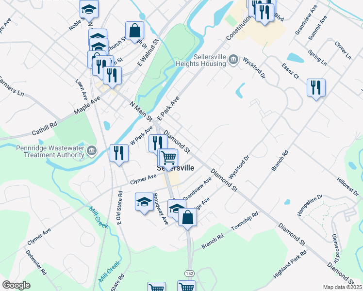 map of restaurants, bars, coffee shops, grocery stores, and more near 169 Diamond Street in Sellersville