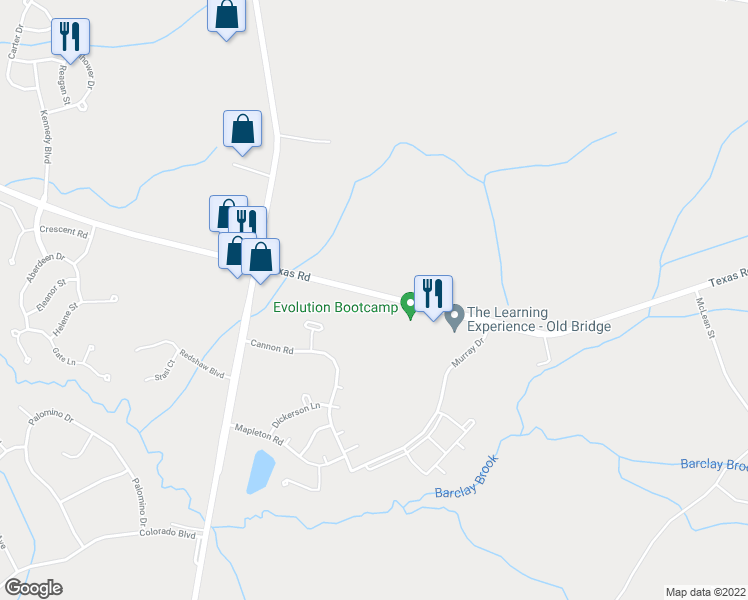 map of restaurants, bars, coffee shops, grocery stores, and more near 212 Texas Road in Old Bridge Township