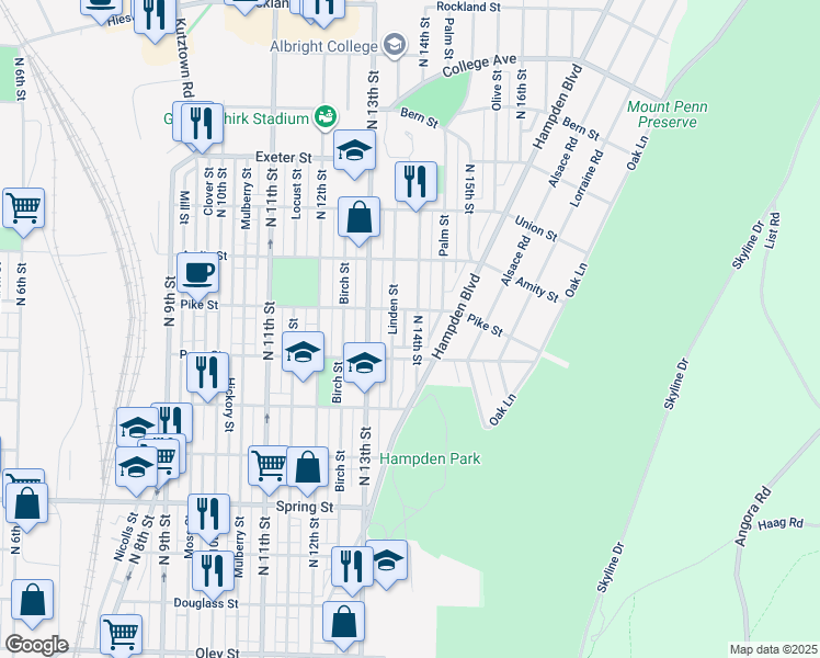 map of restaurants, bars, coffee shops, grocery stores, and more near 1324 North 14th Street in Reading
