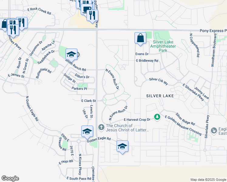 map of restaurants, bars, coffee shops, grocery stores, and more near 7545 North Evans Ranch Drive in Eagle Mountain