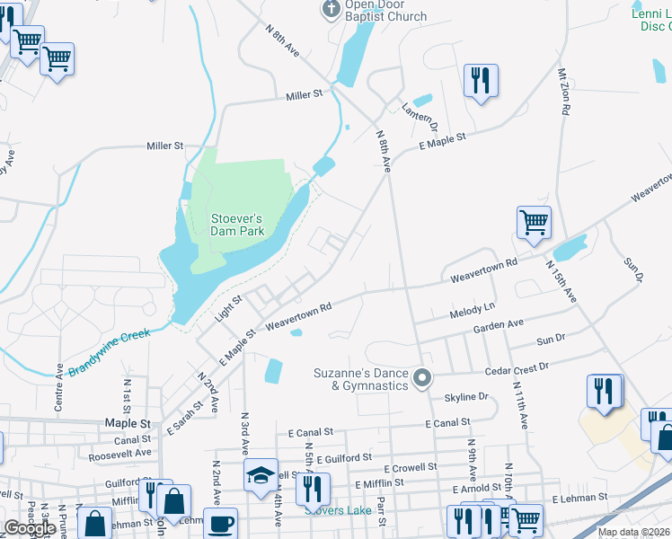 map of restaurants, bars, coffee shops, grocery stores, and more near 618 East Maple Street in Lebanon