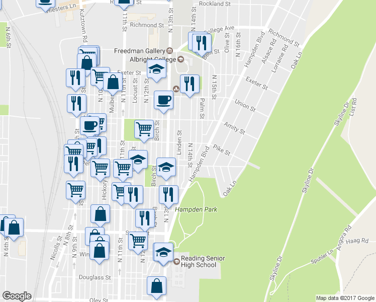 map of restaurants, bars, coffee shops, grocery stores, and more near 1324 North 14th Street in Reading