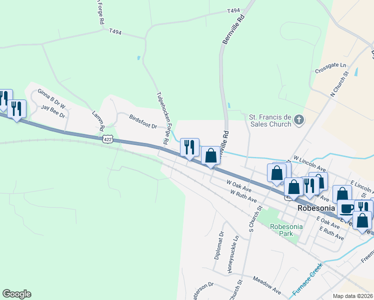 map of restaurants, bars, coffee shops, grocery stores, and more near 531 West Penn Avenue in Robesonia