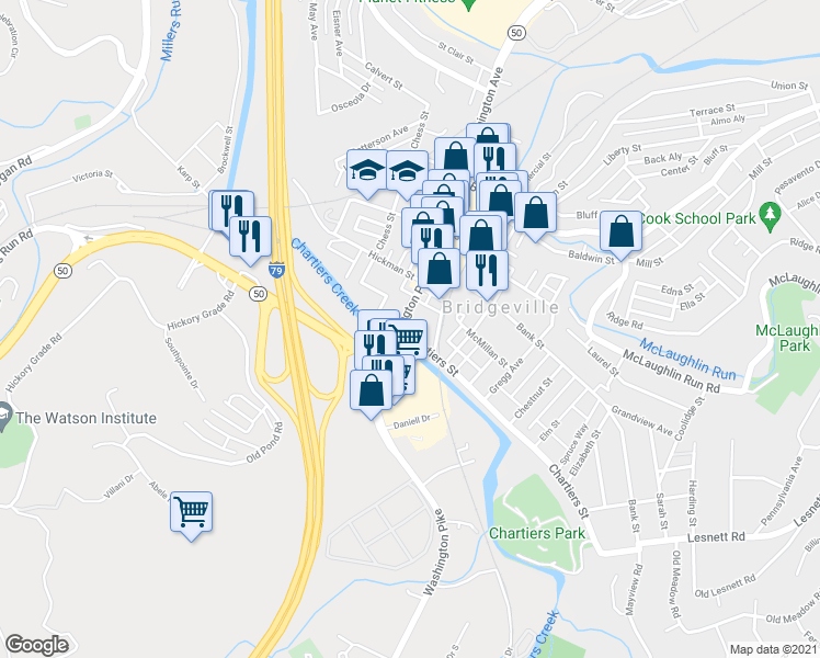 map of restaurants, bars, coffee shops, grocery stores, and more near 765 Washington Avenue in Bridgeville