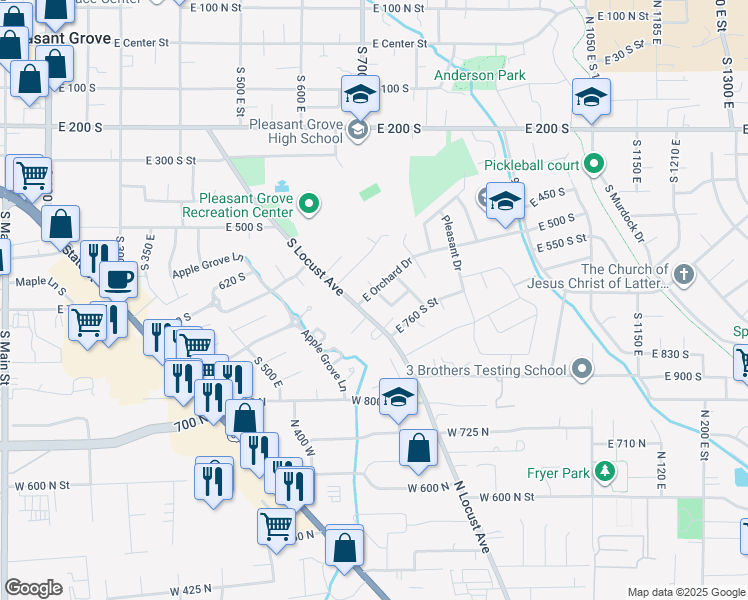 map of restaurants, bars, coffee shops, grocery stores, and more near 734 East Orchard Drive in Pleasant Grove