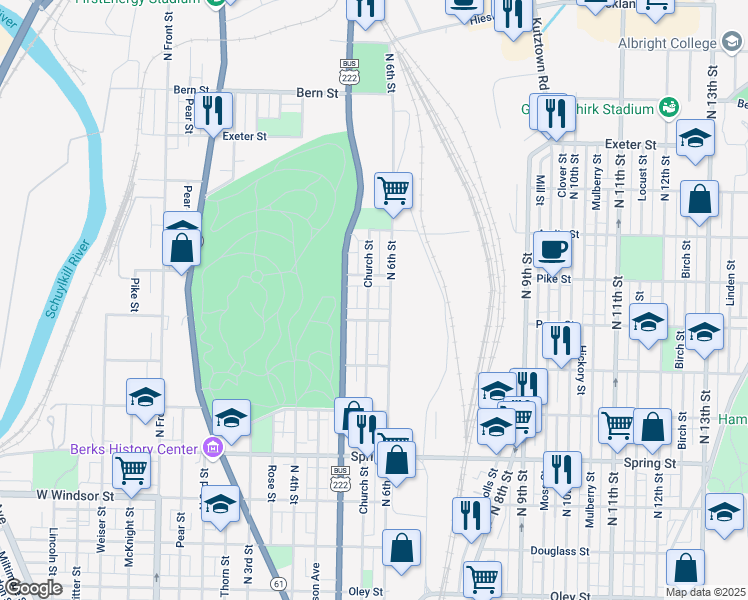 map of restaurants, bars, coffee shops, grocery stores, and more near 1342 North 6th Street in Reading