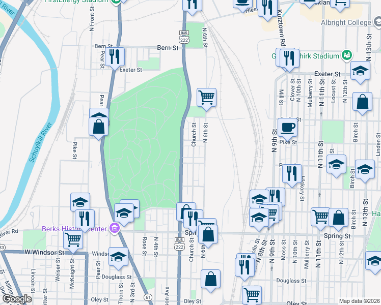 map of restaurants, bars, coffee shops, grocery stores, and more near 1333 North 5th Street in Reading
