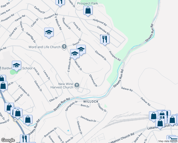 map of restaurants, bars, coffee shops, grocery stores, and more near 127 Macek Drive in Pittsburgh