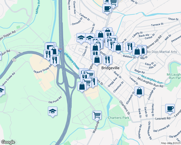 map of restaurants, bars, coffee shops, grocery stores, and more near 755 Washington Avenue in Bridgeville