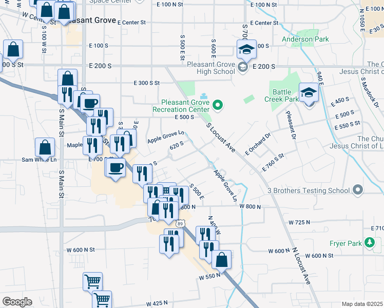 map of restaurants, bars, coffee shops, grocery stores, and more near 535 Harvest Moon Drive in Pleasant Grove