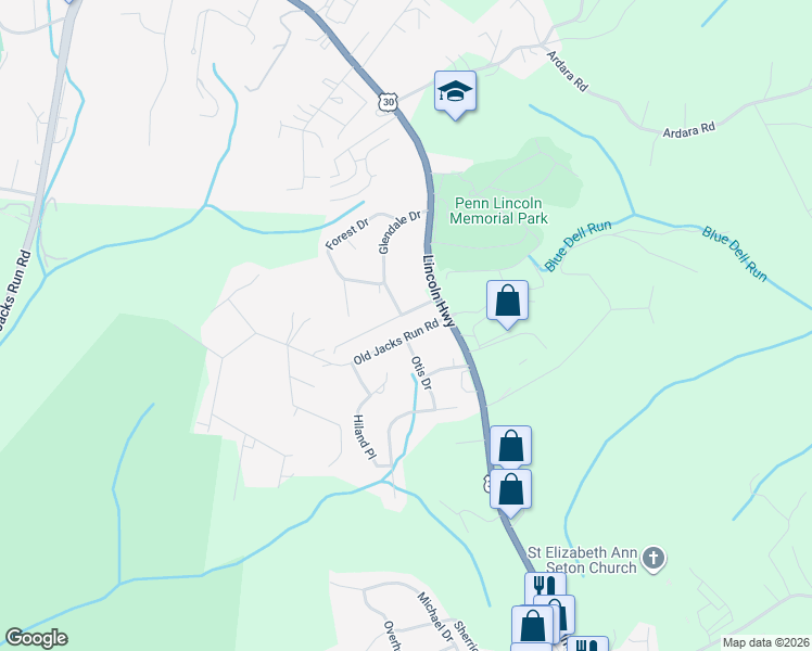map of restaurants, bars, coffee shops, grocery stores, and more near 305 Glendale Drive in Irwin