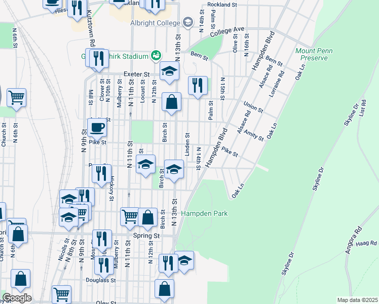 map of restaurants, bars, coffee shops, grocery stores, and more near 1325 East Linden Street in Reading