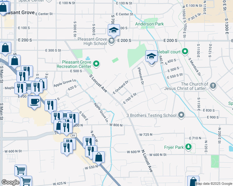 map of restaurants, bars, coffee shops, grocery stores, and more near 734 East Orchard Drive in Pleasant Grove
