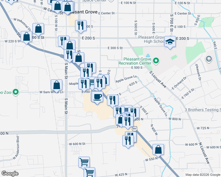 map of restaurants, bars, coffee shops, grocery stores, and more near 596 South 350 East in Pleasant Grove