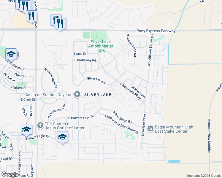 map of restaurants, bars, coffee shops, grocery stores, and more near 7559 Levi Lane in Eagle Mountain