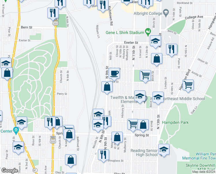 map of restaurants, bars, coffee shops, grocery stores, and more near 1337 North 9th Street in Reading