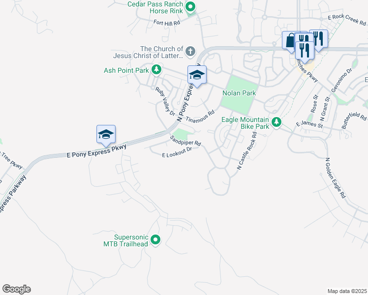 map of restaurants, bars, coffee shops, grocery stores, and more near 2952 Sandpiper Road in Eagle Mountain