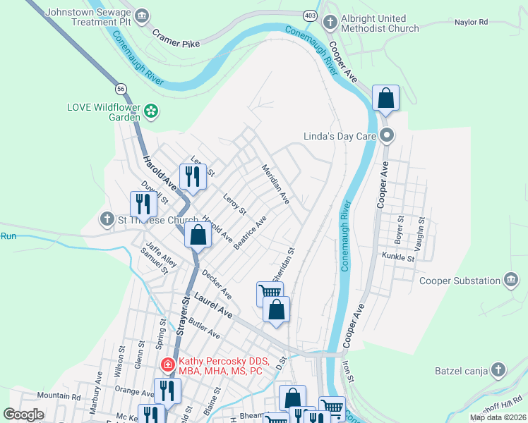 map of restaurants, bars, coffee shops, grocery stores, and more near Elliot Alley in Johnstown