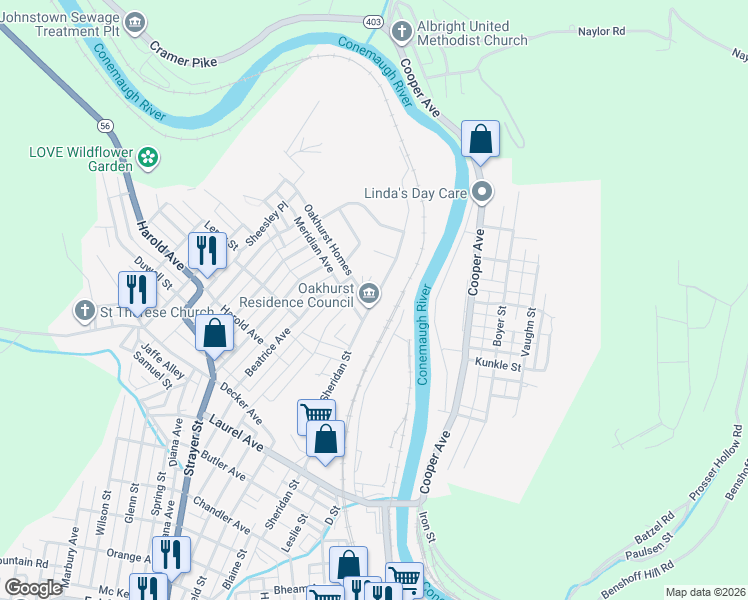 map of restaurants, bars, coffee shops, grocery stores, and more near 1 Oakhurst Homes in Johnstown