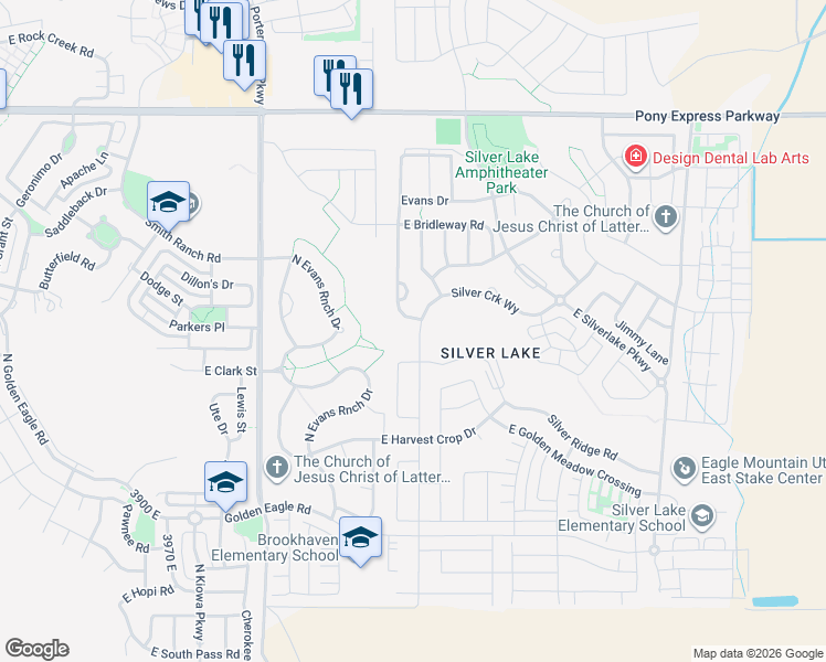 map of restaurants, bars, coffee shops, grocery stores, and more near 7557 Silver Creek Way in Eagle Mountain