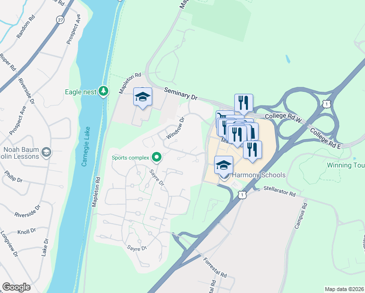 map of restaurants, bars, coffee shops, grocery stores, and more near 2201 Windrow Drive in Princeton