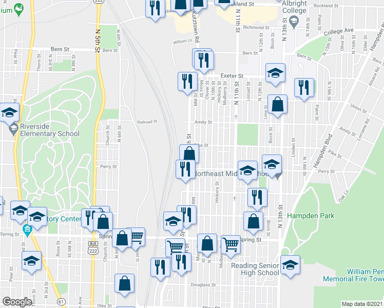 map of restaurants, bars, coffee shops, grocery stores, and more near 1339 North 9th Street in Reading