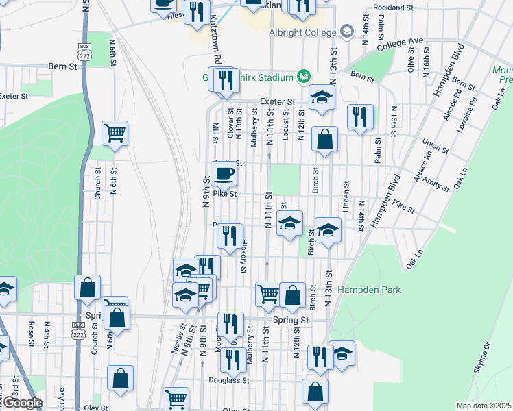 map of restaurants, bars, coffee shops, grocery stores, and more near 1046 Pike Street in Reading
