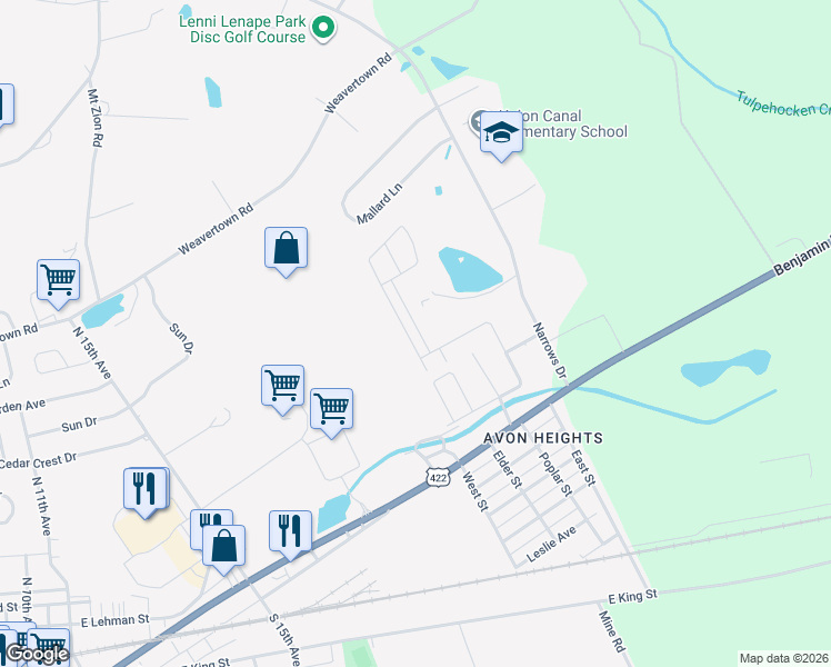 map of restaurants, bars, coffee shops, grocery stores, and more near 205 Narrows Drive in Lebanon