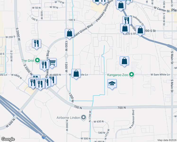 map of restaurants, bars, coffee shops, grocery stores, and more near 644 South Steeple Chase Road in Pleasant Grove