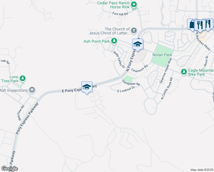 map of restaurants, bars, coffee shops, grocery stores, and more near 2819 East Hideout Drive in Eagle Mountain