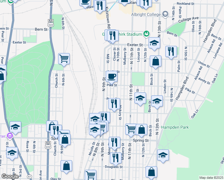 map of restaurants, bars, coffee shops, grocery stores, and more near 942 Pike Street in Reading