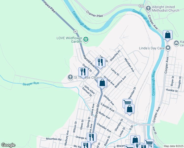 map of restaurants, bars, coffee shops, grocery stores, and more near 490R Duwell Street in Johnstown
