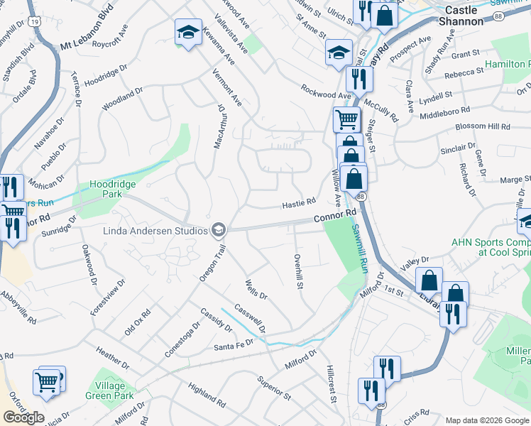 map of restaurants, bars, coffee shops, grocery stores, and more near 1013 Hastie Road in Pittsburgh